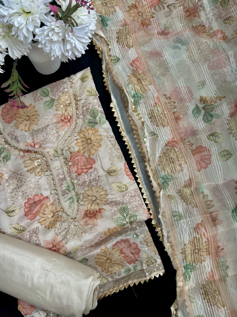 سوت پنجابی هندی طرح مخور عربی رنگ تربوزی (تکه نادوخت) - Image 2