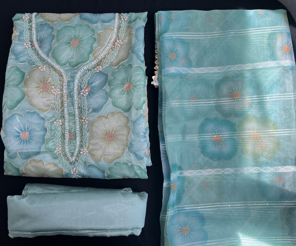 سوت پنجابی هندی طرح مخور عربی رنگ آبی (تکه نادوخت) - Image 6